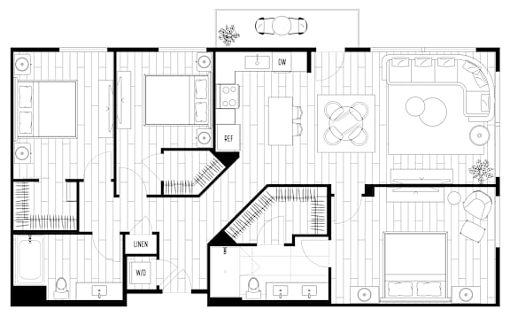 A black and white floor plan of an apartment with a living room, kitchen, and two bedrooms.